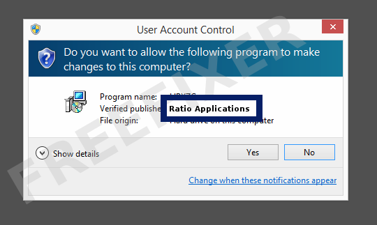 Screenshot where Ratio Applications appears as the verified publisher in the UAC dialog